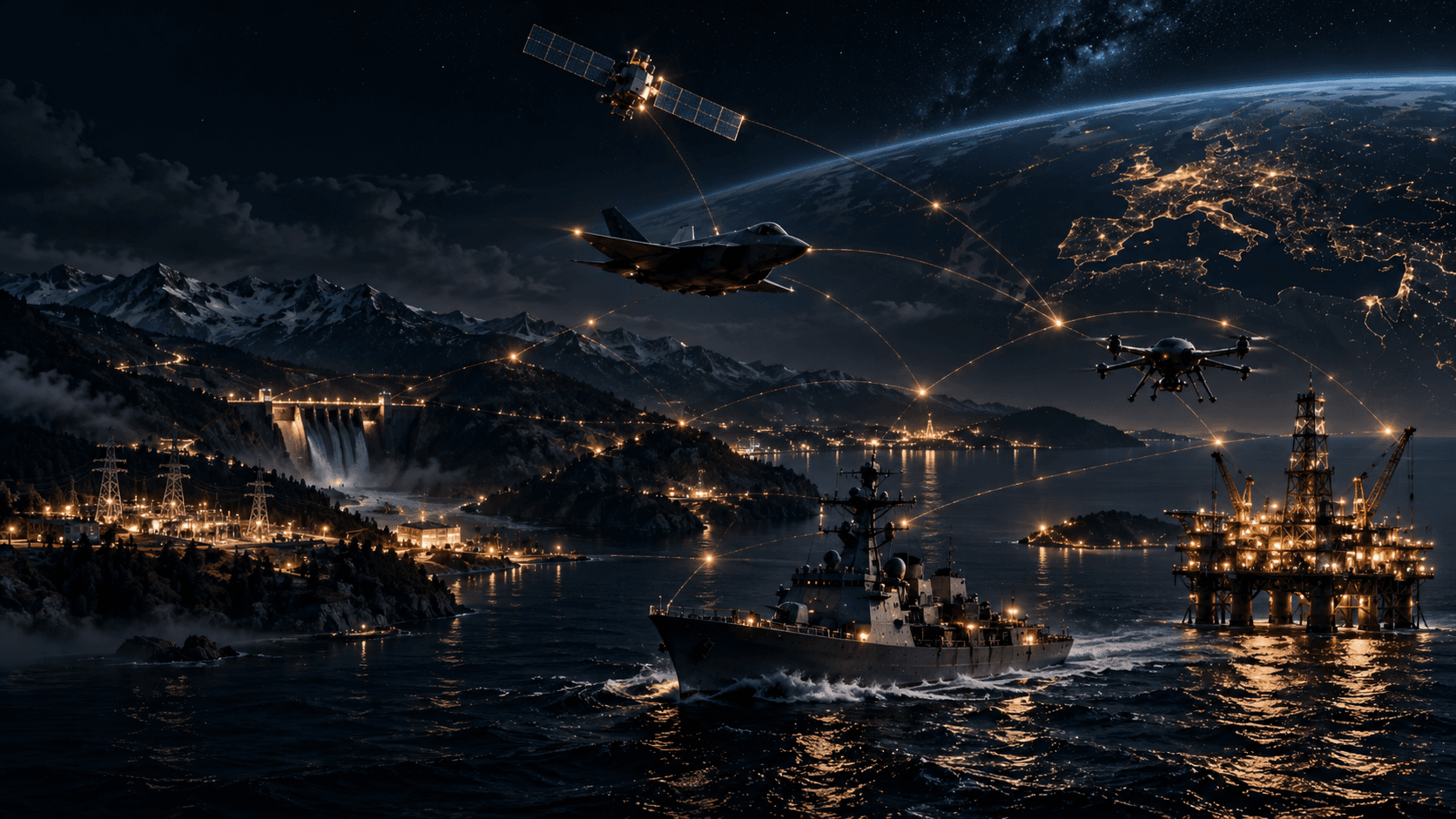 Concept visualization of connected maritime, aerospace, autonomous, space, and critical-infrastructure systems
