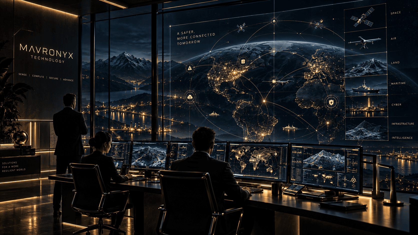 Concept visualization of an integrated technology command environment combining sensing, compute, AI, communications, and infrastructure