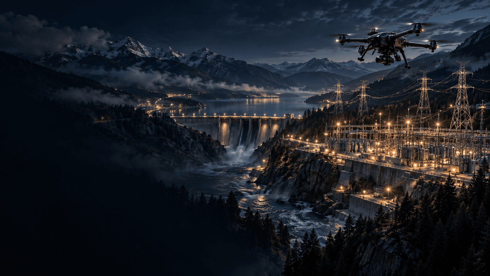 Concept visualization of critical energy infrastructure, transmission systems, and autonomous inspection in mountainous terrain