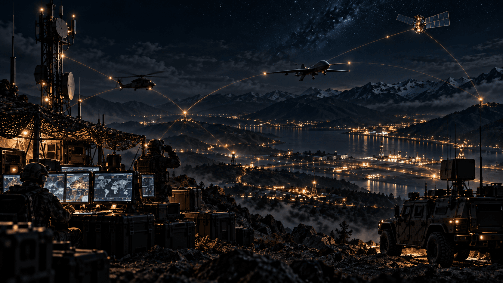 Concept visualization of networked strategic industry environments spanning critical infrastructure, autonomous systems, secure operations, and advanced technology